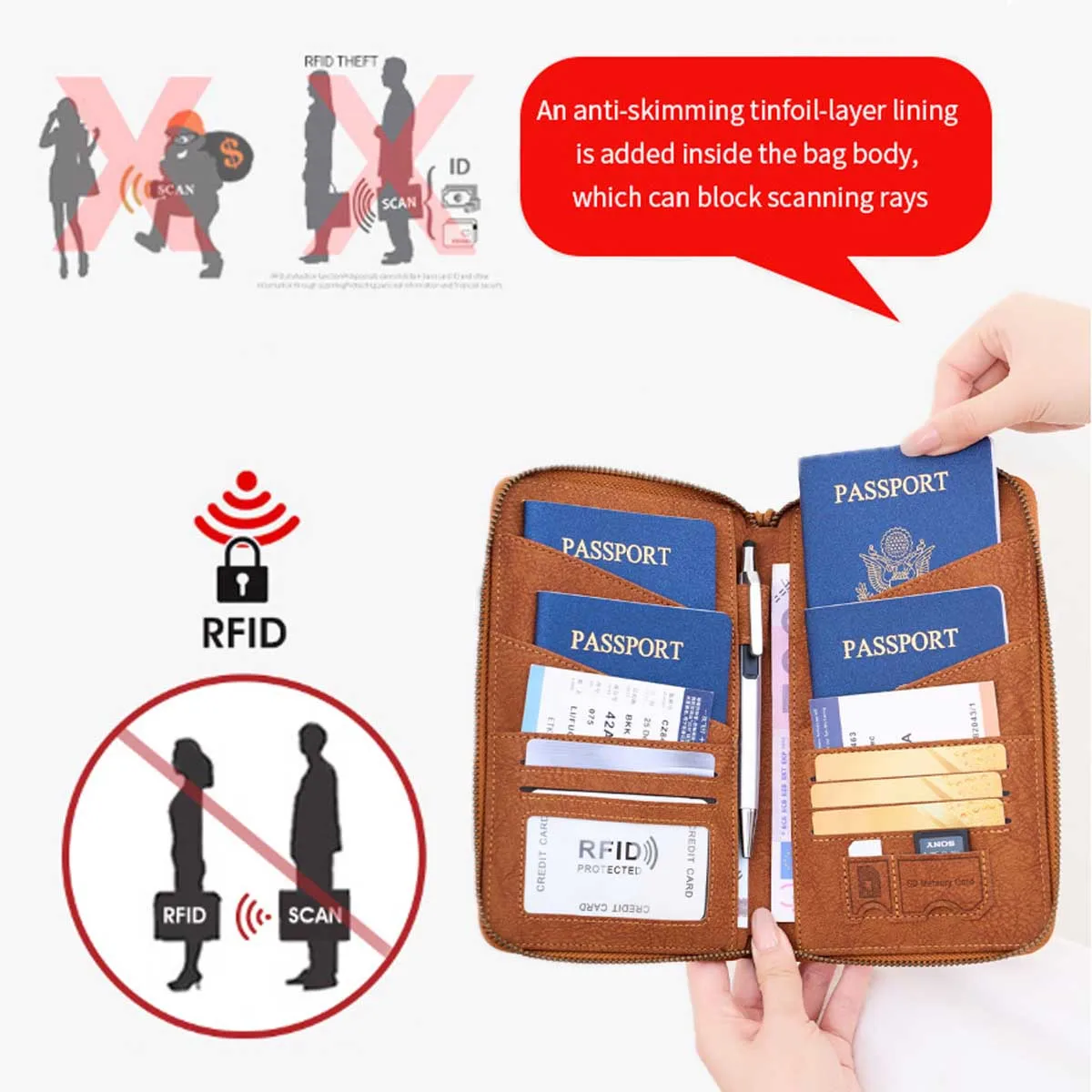 Multi-Functional RFID Blocking Passport Bag Travel Document Holder with Long Zipper Ticket Storage Wallet for Multiple Passports thumbnail 4