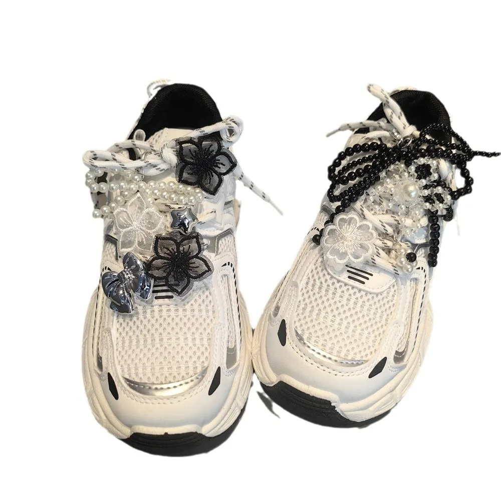 1PCS New Ballet Lace Pearl Shoes Charm Buckle Crystal Flower Black White Color Fairy Bow Shoe Laces Buckle  Shoelaces Decoration thumbnail 4