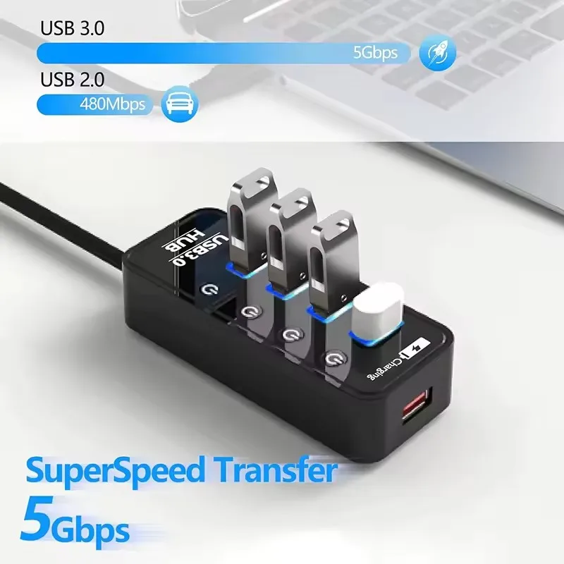USB 3.0 HUB Power Adapter 4 Port Multi USB Splitter with independent switch Expander High Speed For Computer Accessorie thumbnail 3