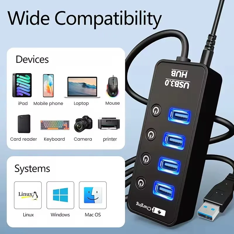 USB 3.0 HUB Power Adapter 4 Port Multi USB Splitter with independent switch Expander High Speed For Computer Accessorie thumbnail 6