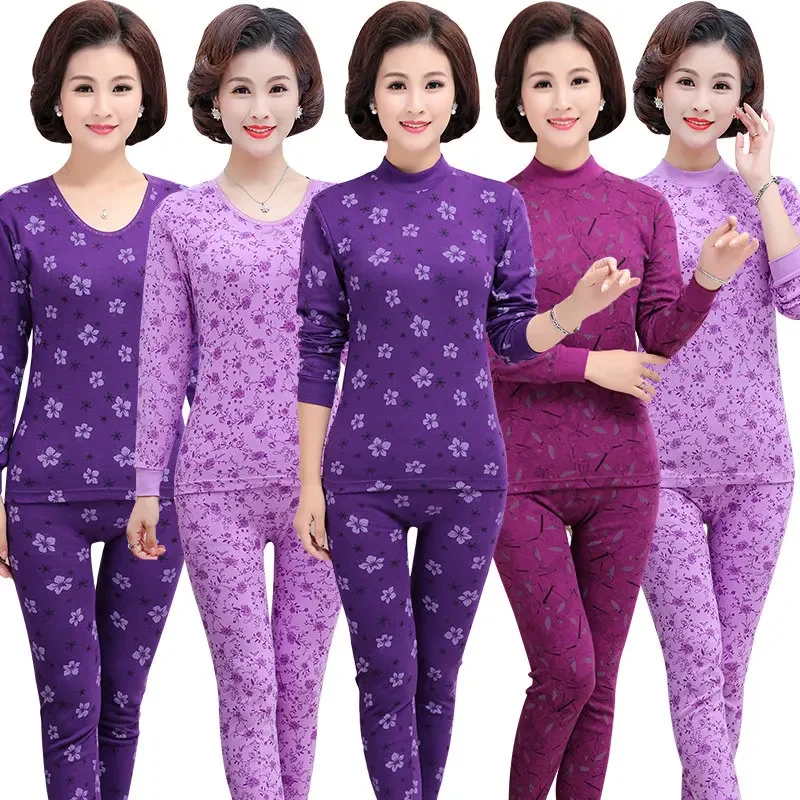 Pure Cotton Thermal Underwear Set for Women Thin Lightweight High Collar Large Size Home Comfortable Sleepwear for Elderly thumbnail 3