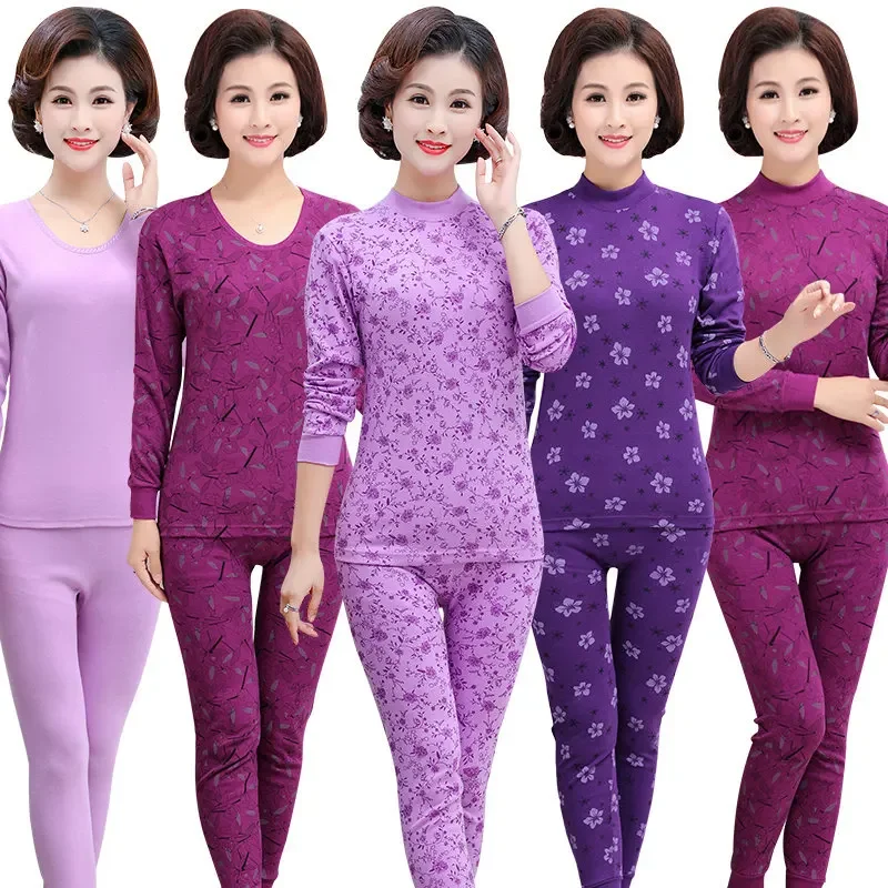 Pure Cotton Thermal Underwear Set for Women Thin Lightweight High Collar Large Size Home Comfortable Sleepwear for Elderly thumbnail 4