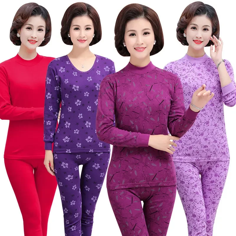 Pure Cotton Thermal Underwear Set for Women Thin Lightweight High Collar Large Size Home Comfortable Sleepwear for Elderly thumbnail 2