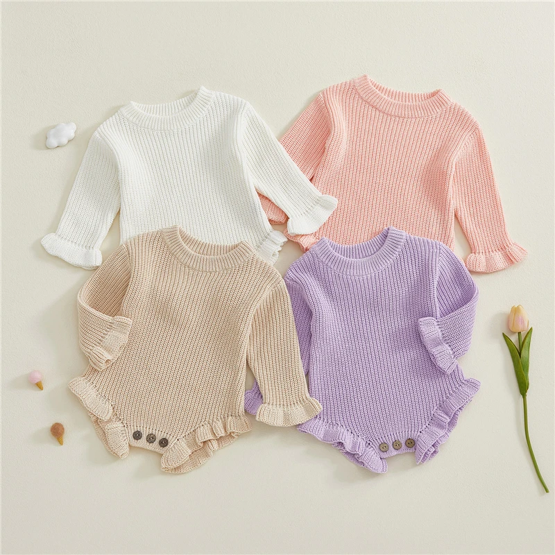 Baby Clothes Newborn Baby Rompers Cotton Knit Baby Girl Romper Long Sleeve Ruffle Trim Infant Baby Boys Jumpsuit Overalls