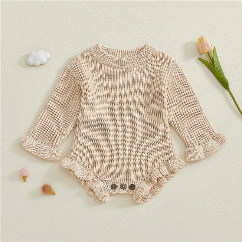 Baby Clothes Newborn Baby Rompers Cotton Knit Baby Girl Romper Long Sleeve Ruffle Trim Infant Baby Boys Jumpsuit Overalls thumbnail 2
