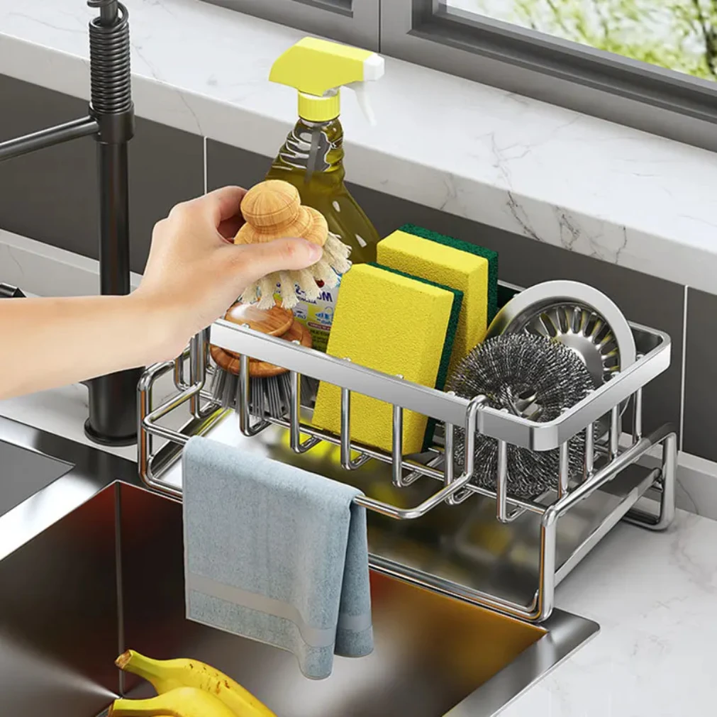 Kitchen Sponge Holder Stainless Steel Sink Drain Rack Soap Drainer Towel Rack Shelf Organizer bathroom Storage Accessories thumbnail 4
