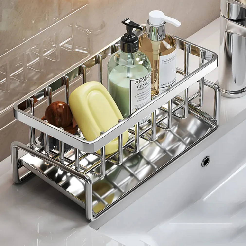 Kitchen Sponge Holder Stainless Steel Sink Drain Rack Soap Drainer Towel Rack Shelf Organizer bathroom Storage Accessories thumbnail 3