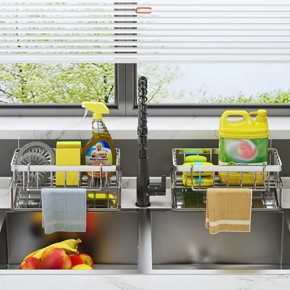 Kitchen Sponge Holder Stainless Steel Sink Drain Rack Soap Drainer Towel Rack Shelf Organizer bathroom Storage Accessories thumbnail 2