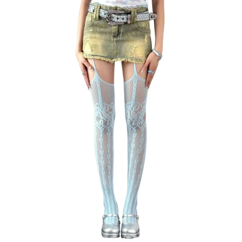 Women Hollowed Fishnet Garter Belt Pantyhose Y2K Girls Gothic Punk Heart Patterned Sheer Thigh High Stockings Suspender Tights thumbnail 6