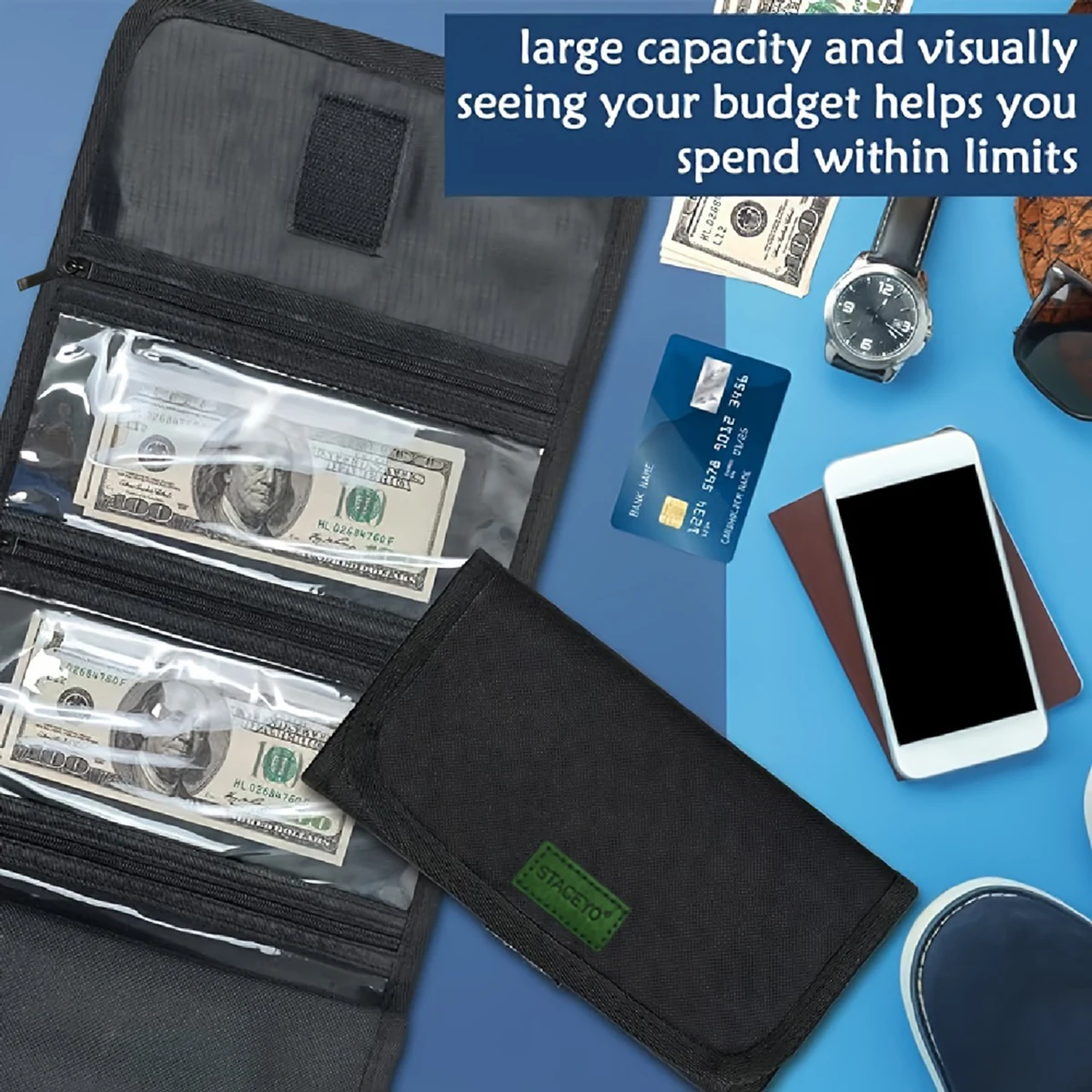 STACEYO | Black Oxford cloth folding travel wallet 1PC | Cash checks and passports should be stored in separate compartments