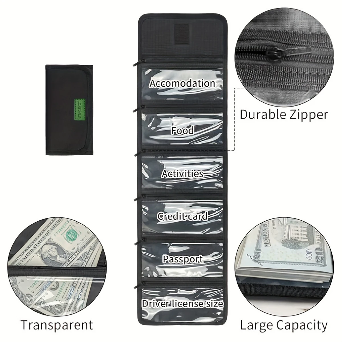 STACEYO | Black Oxford cloth folding travel wallet 1PC | Cash checks and passports should be stored in separate compartments thumbnail 4
