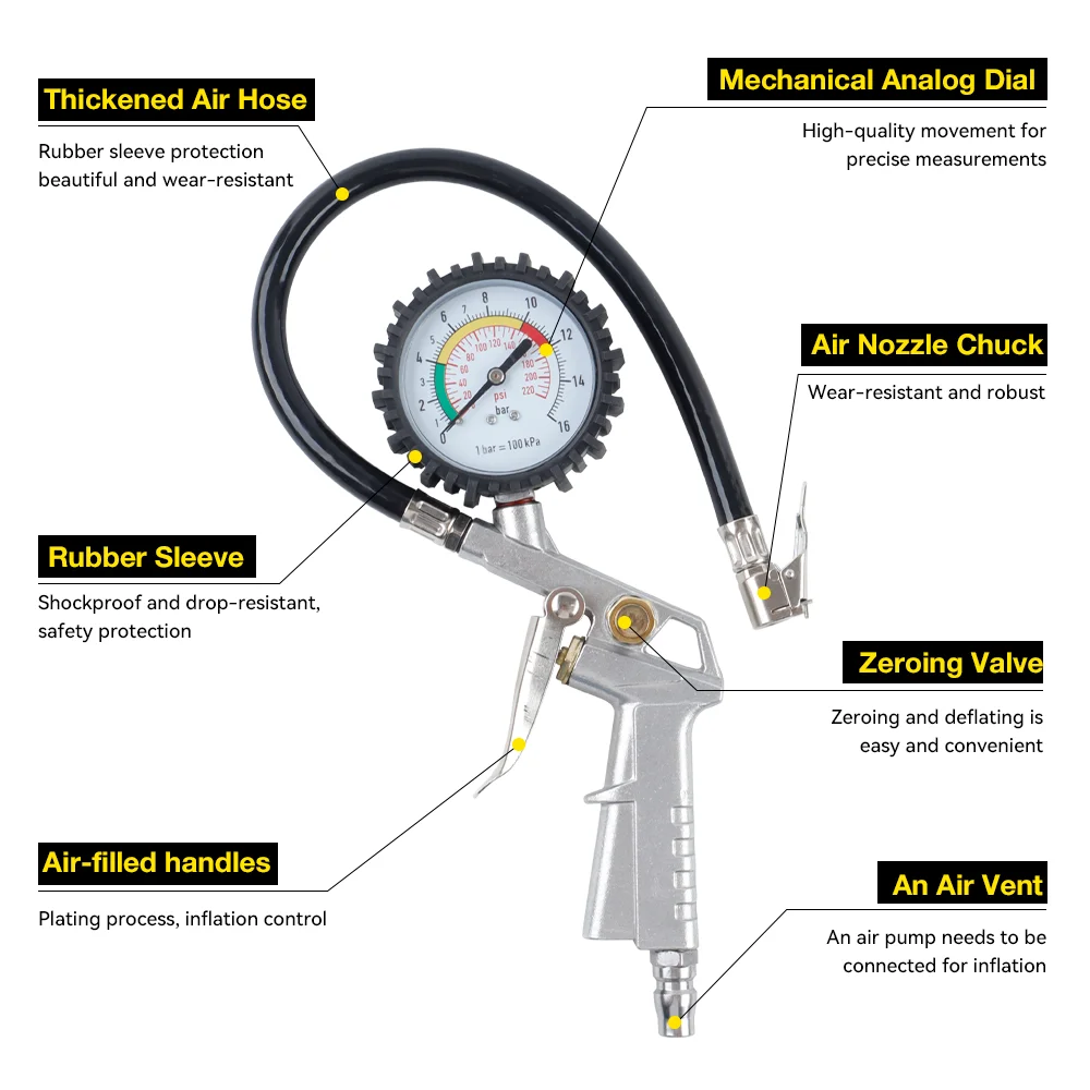 220PSI Car Tire Pressure Gun, Aluminum Alloy Gun Body, Tire Air Pressure Monitoring Gauge, Car Repair Tools, For Air Compressor thumbnail 3