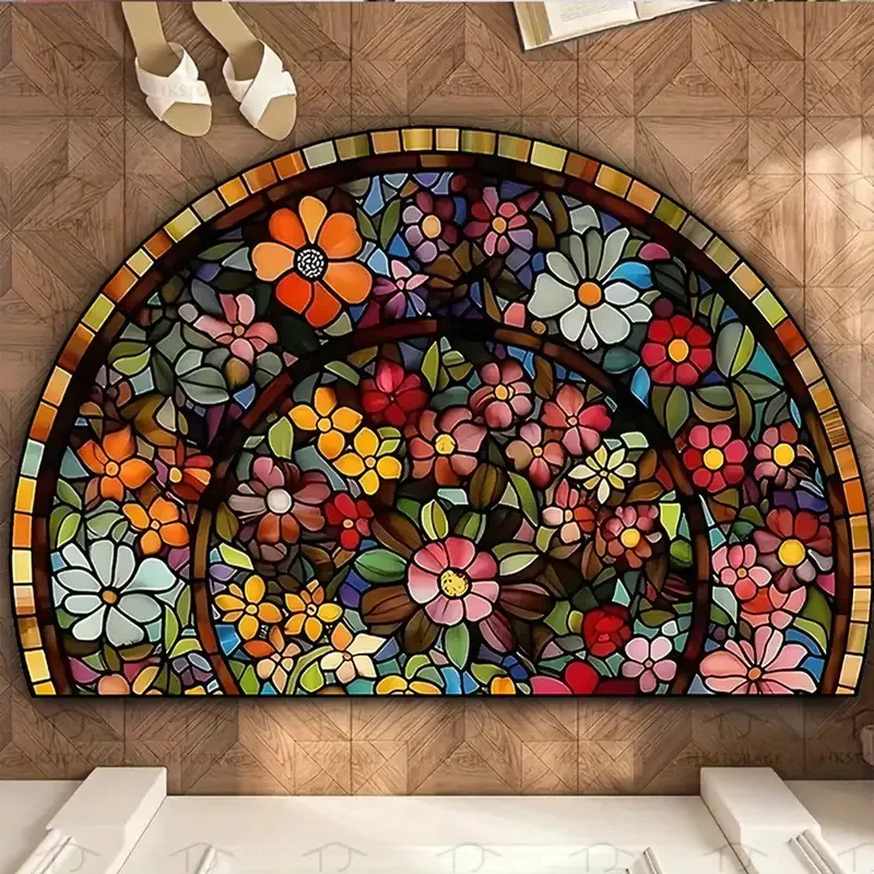 VIKAMA Semi-Circular Floral Flannel Carpet Soft Non-Slip Kitchen Carpet Indoor Outdoor Entrance Door Mat Home Decor thumbnail 3