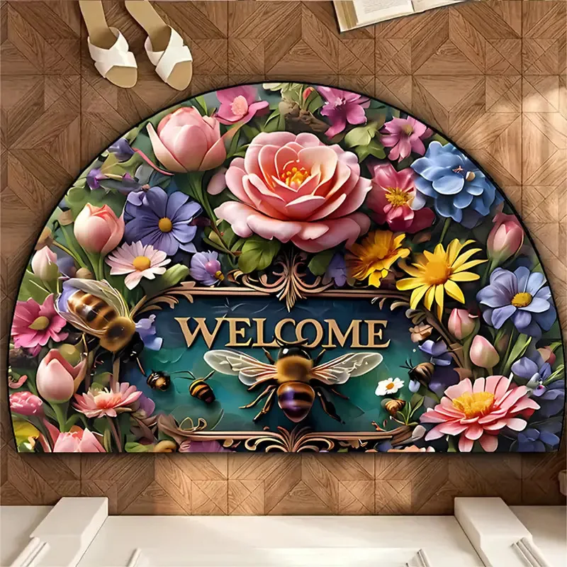 VIKAMA Semi-Circular Floral Flannel Carpet Soft Non-Slip Kitchen Carpet Indoor Outdoor Entrance Door Mat Home Decor thumbnail 4