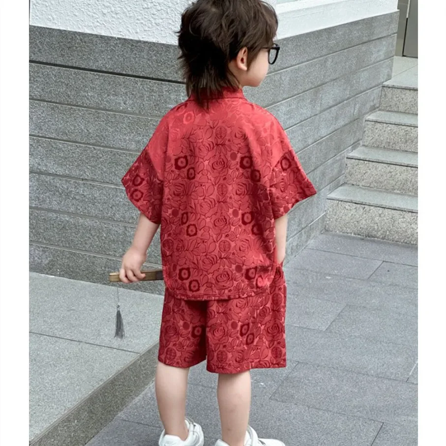 Summer Short Sleeve 2 Piece Set Boys Costume Kids Clothes Casual Boy Outfit Tang Style Hanfu Suit Baby Fashion Children's Sets thumbnail 2