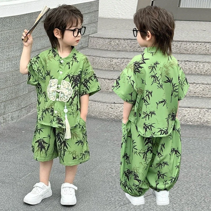 Summer Short Sleeve 2 Piece Set Boys Costume Kids Clothes Casual Boy Outfit Tang Style Hanfu Suit Baby Fashion Children's Sets thumbnail 5