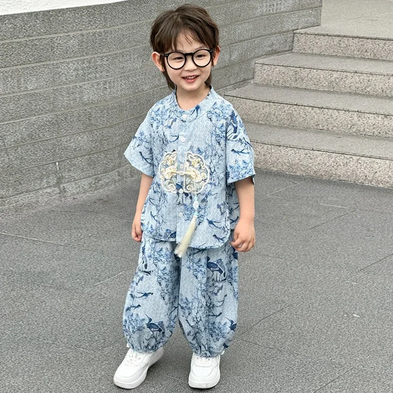 Summer Short Sleeve 2 Piece Set Boys Costume Kids Clothes Casual Boy Outfit Tang Style Hanfu Suit Baby Fashion Children's Sets thumbnail 3