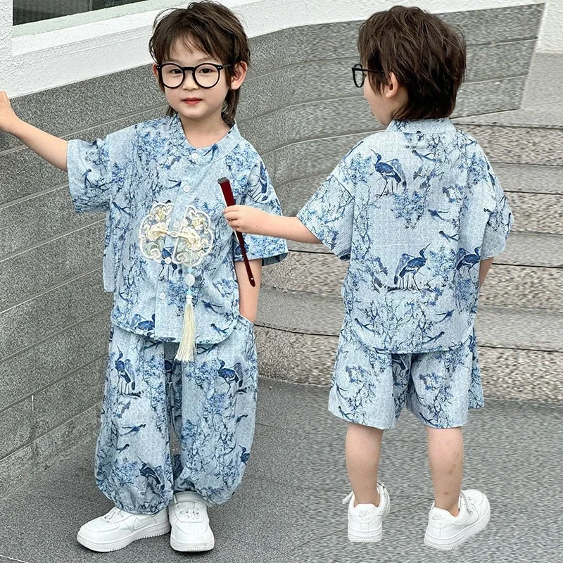 Summer Short Sleeve 2 Piece Set Boys Costume Kids Clothes Casual Boy Outfit Tang Style Hanfu Suit Baby Fashion Children's Sets thumbnail 4