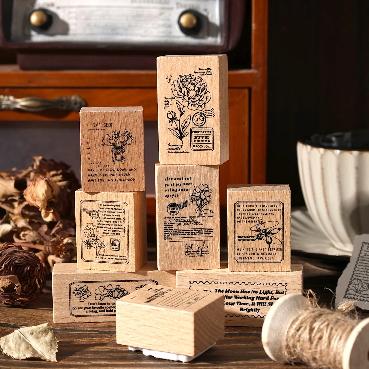 8pcs/box, Creative Floral Style Wooden Stamp, Suitable for Notebook, photo album, greeting card decoration, fashion supplies thumbnail 4