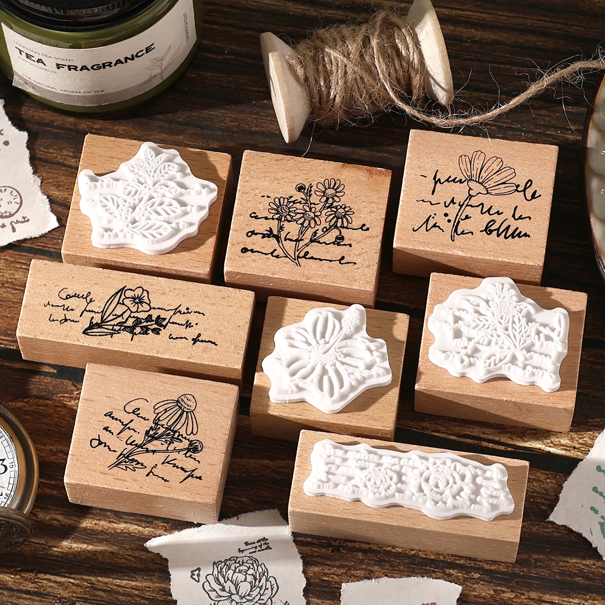 8pcs/box, Creative Floral Style Wooden Stamp, Suitable for Notebook, photo album, greeting card decoration, fashion supplies thumbnail 3