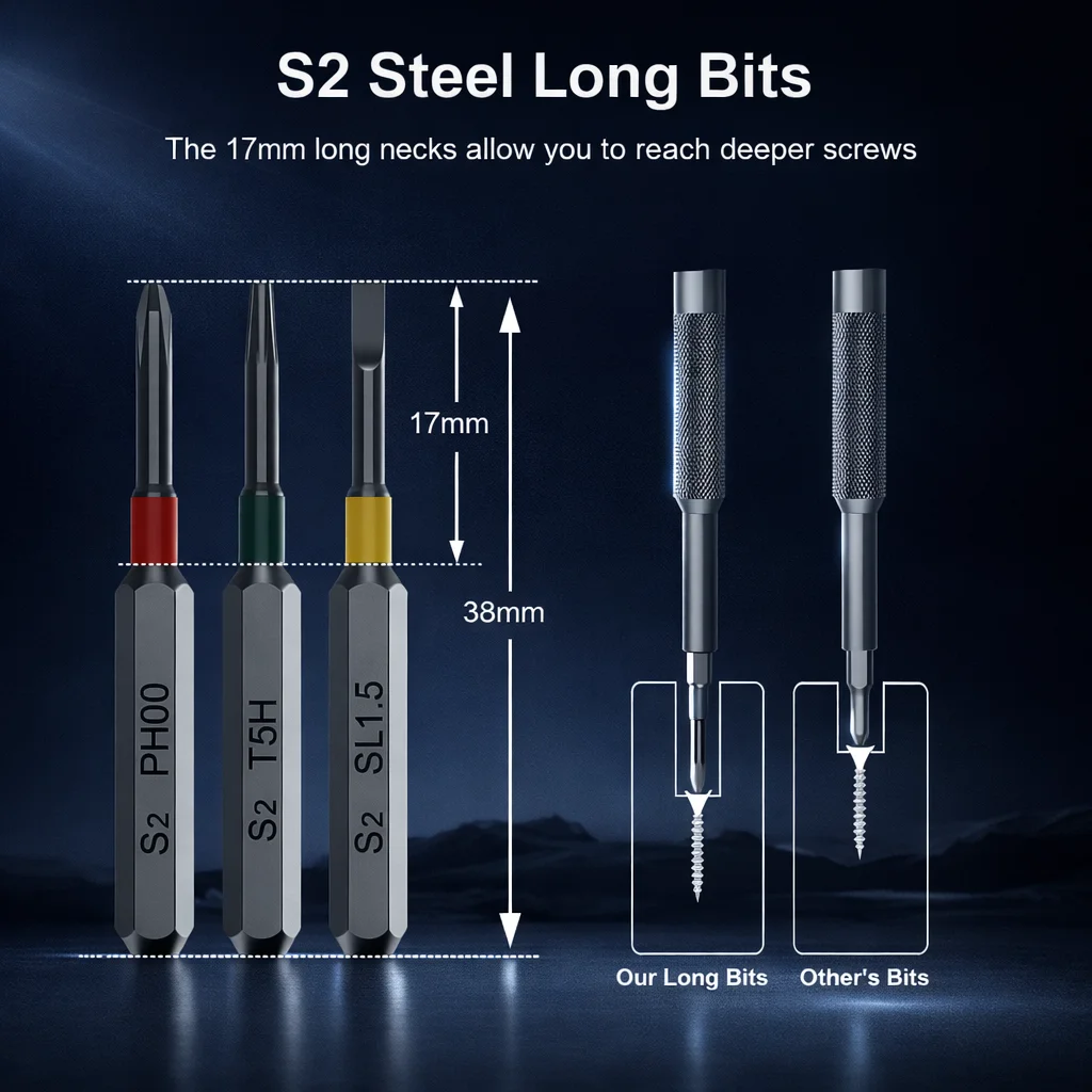 Precision Screwdriver Set, Screwdriver Kit with 36 Long S2 Bits, Magnetic Repair Tool for Glasses, Watches, PC, Computer, Camera thumbnail 5