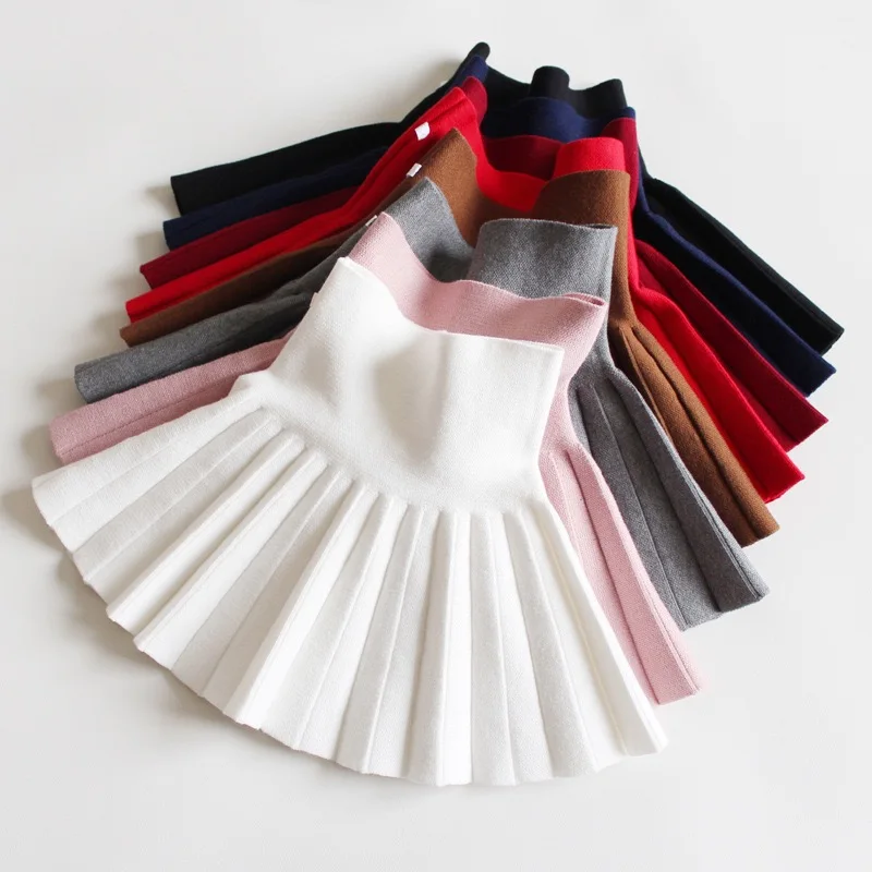 1pcs Girls Knit Skirts Baby Autumn Winter Princess pleated Skirts Childrens Student High Waist Mini Tutu Skirts Kids Solid Dress