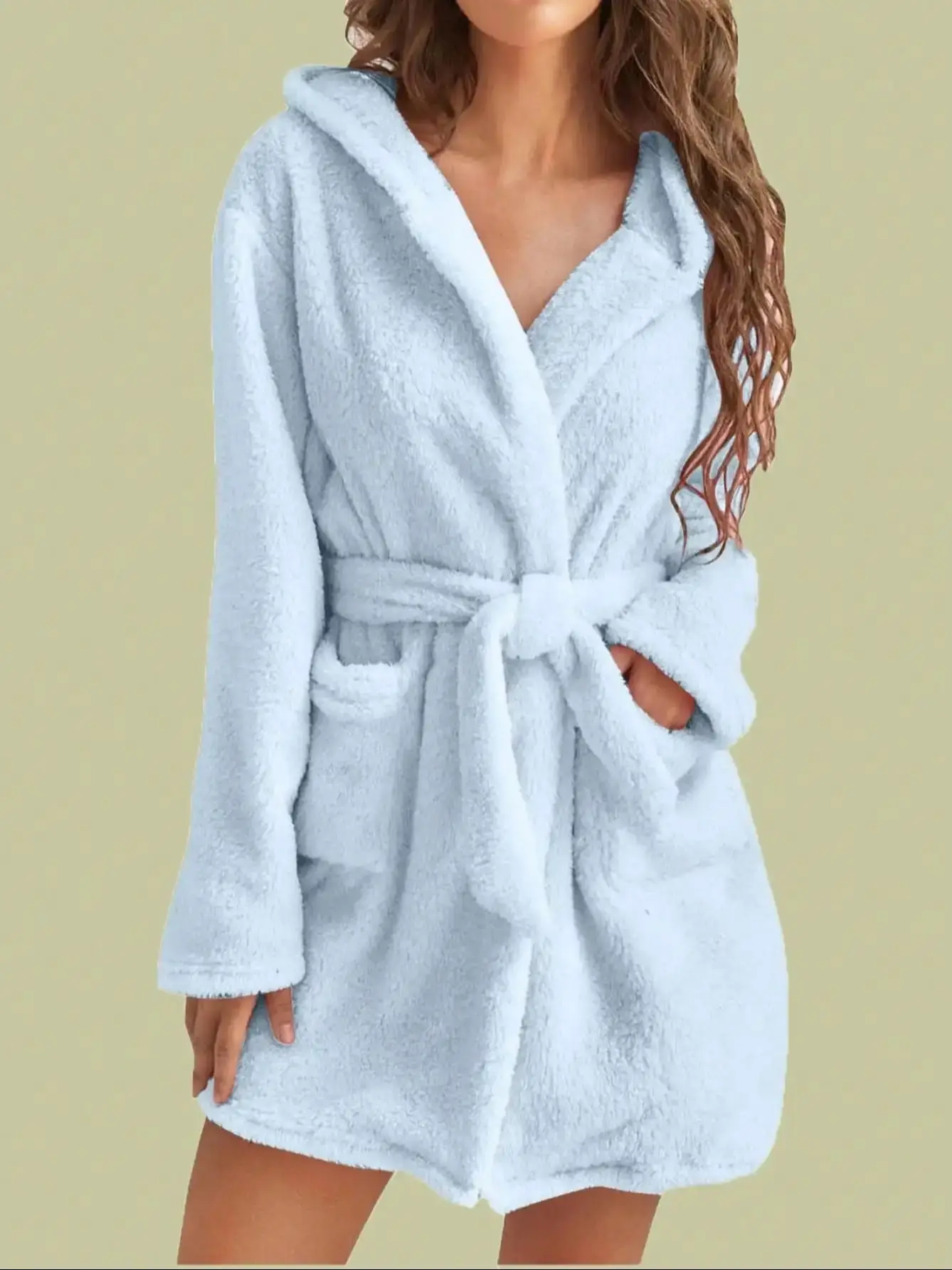 1 piece of women's solid color hooded robe with belt, cozy and warm fleece pajamas for home wear in autumn and winter. thumbnail 3