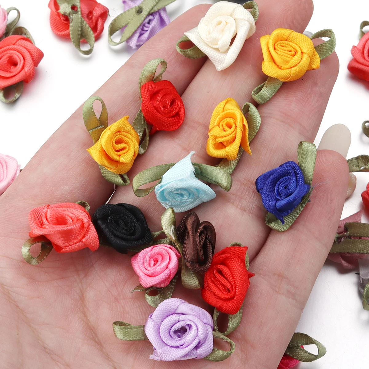 50pcs 1.5x2.5cm Mini Rose Flower Polyester Satin Ribbon Rosettes Fabric Appliques For Wedding Party Clothing Sewing Decoration thumbnail 6