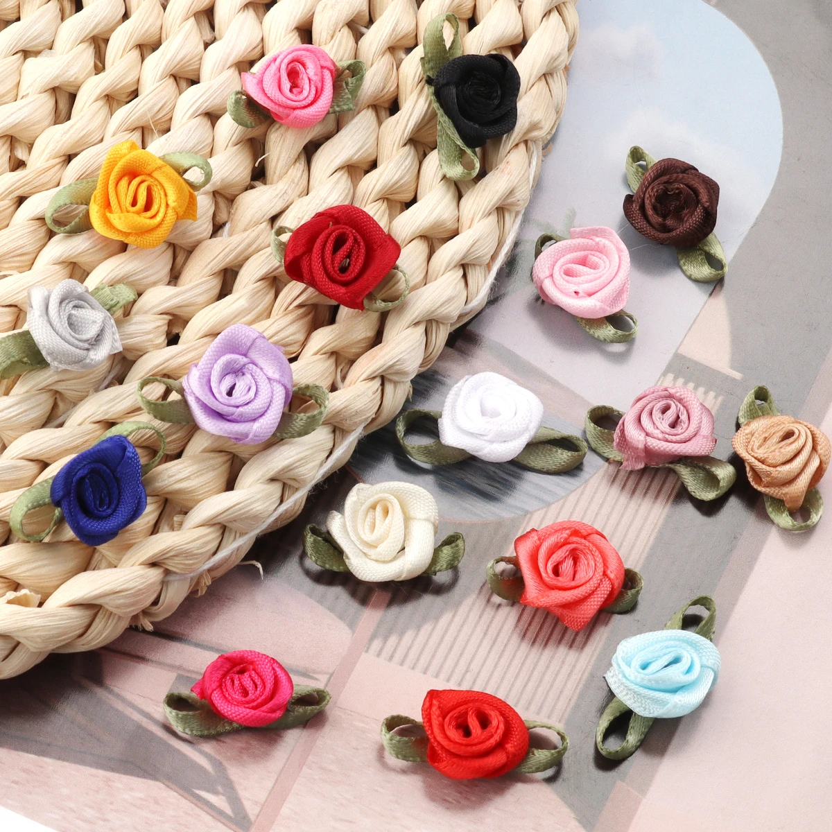 50pcs 1.5x2.5cm Mini Rose Flower Polyester Satin Ribbon Rosettes Fabric Appliques For Wedding Party Clothing Sewing Decoration thumbnail 3
