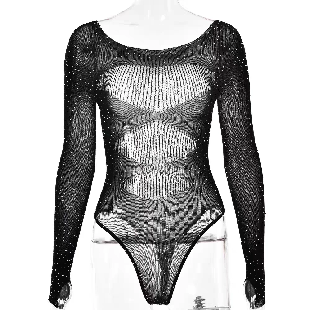 European and American ins long sleeved sexy hot girl jumpsuit with hollowed out dance perspective top T-shirt slim fit jazz danc thumbnail 4