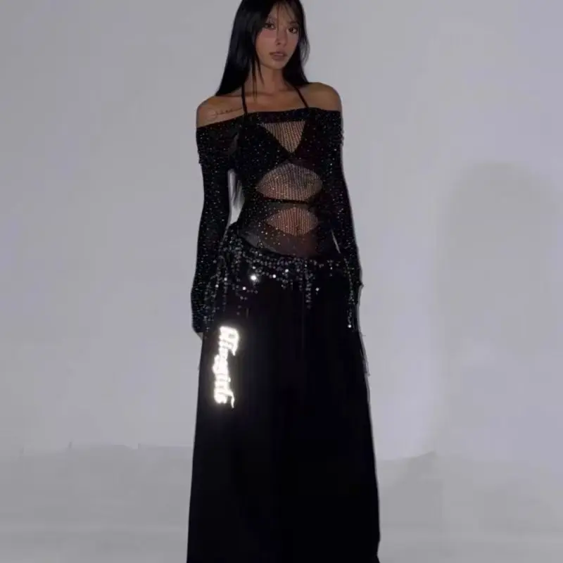 European and American ins long sleeved sexy hot girl jumpsuit with hollowed out dance perspective top T-shirt slim fit jazz danc thumbnail 3