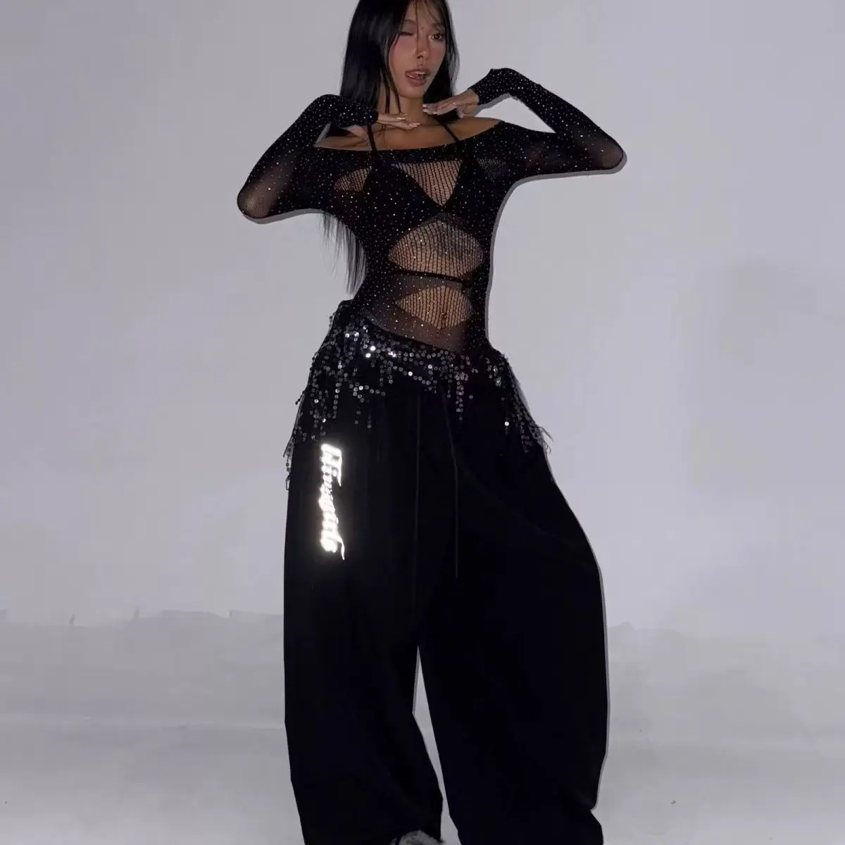 European and American ins long sleeved sexy hot girl jumpsuit with hollowed out dance perspective top T-shirt slim fit jazz danc thumbnail 5