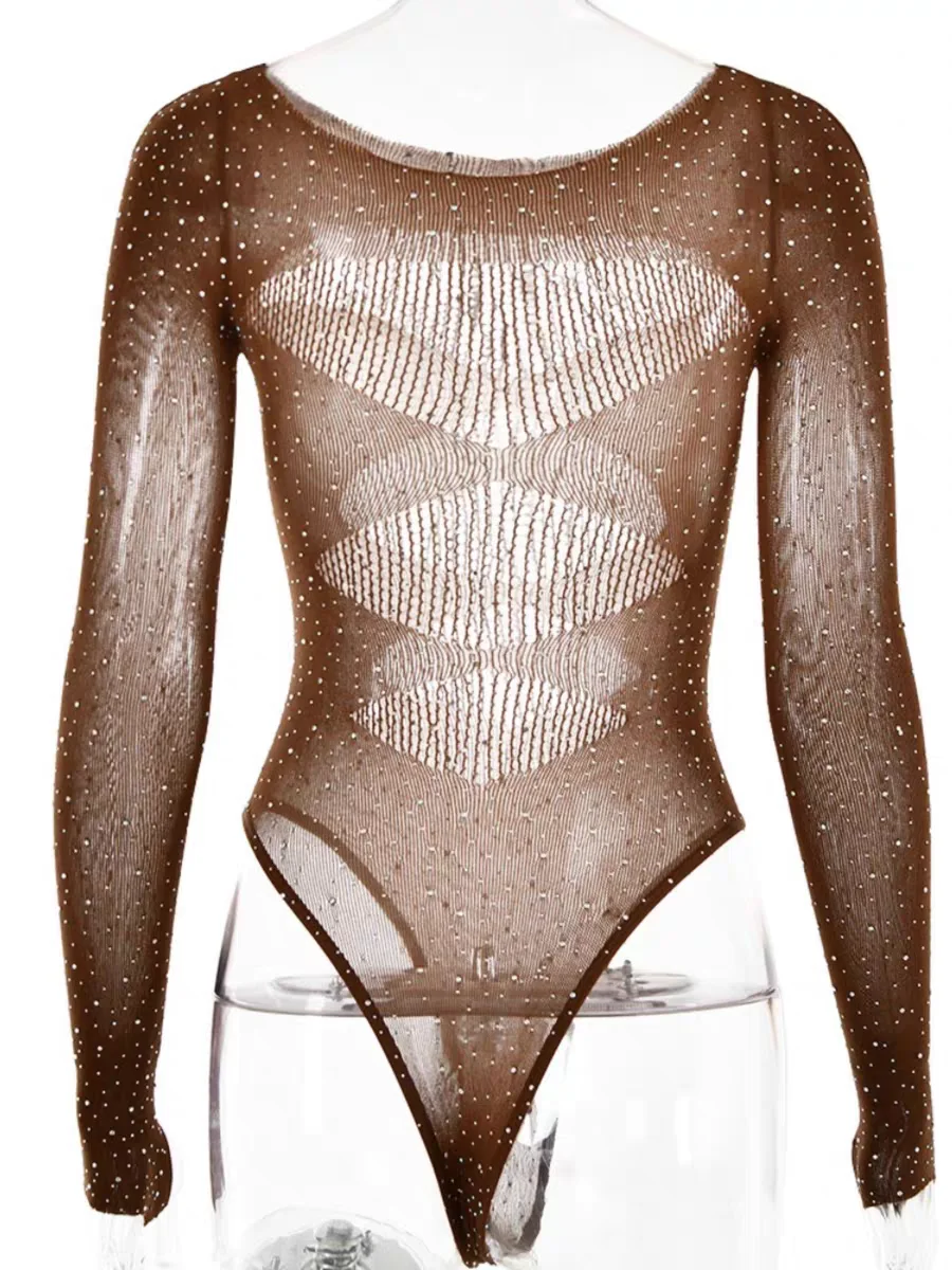European and American ins long sleeved sexy hot girl jumpsuit with hollowed out dance perspective top T-shirt slim fit jazz danc thumbnail 2