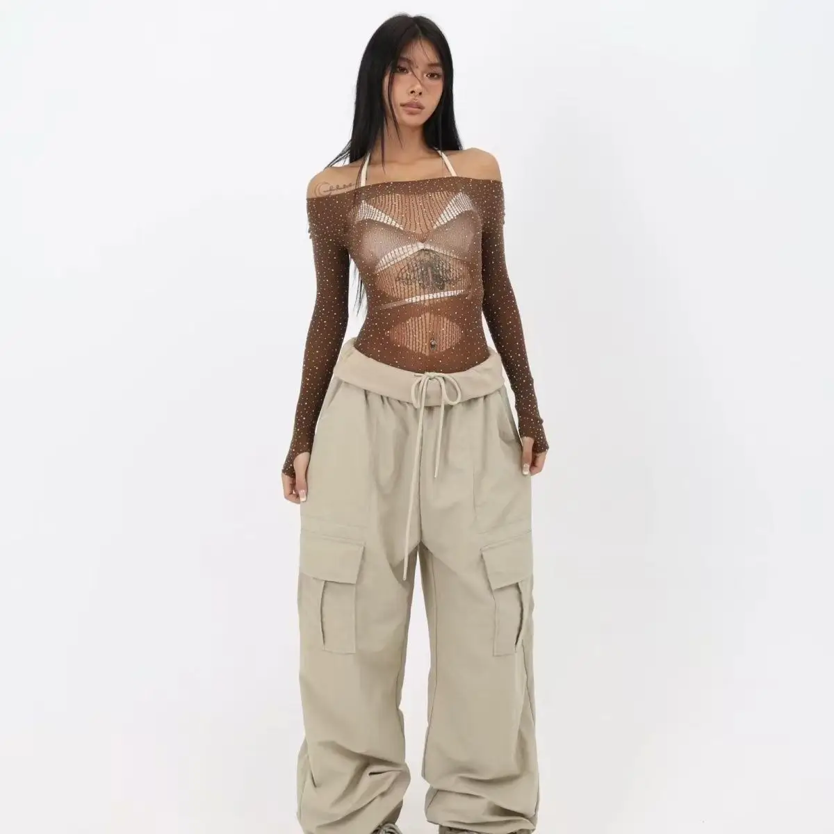 European and American ins long sleeved sexy hot girl jumpsuit with hollowed out dance perspective top T-shirt slim fit jazz danc thumbnail 6