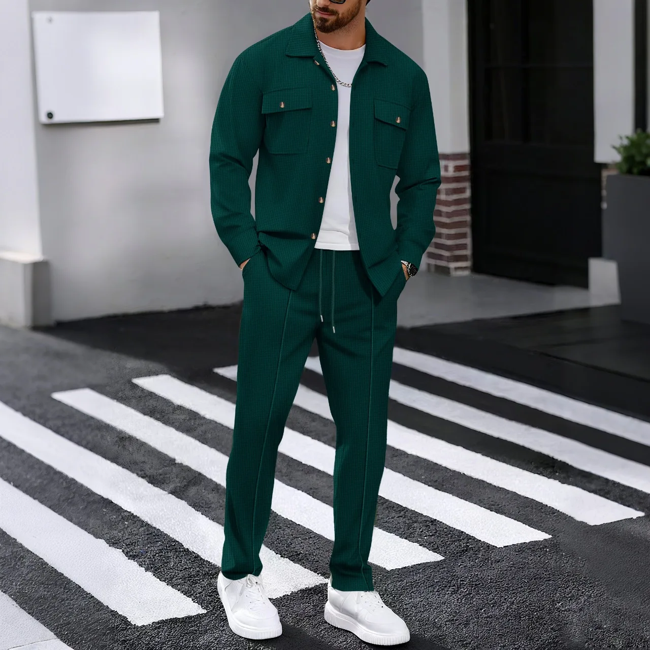 New men's solidcolor waffle longsleeved pants set  high quality fashionable comfortable with doublepocketsworkwearstyle cardigan thumbnail 2
