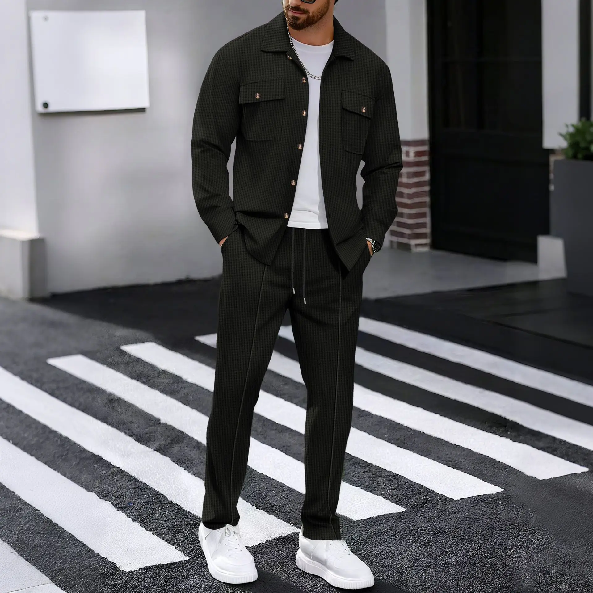 New men's solidcolor waffle longsleeved pants set  high quality fashionable comfortable with doublepocketsworkwearstyle cardigan thumbnail 6