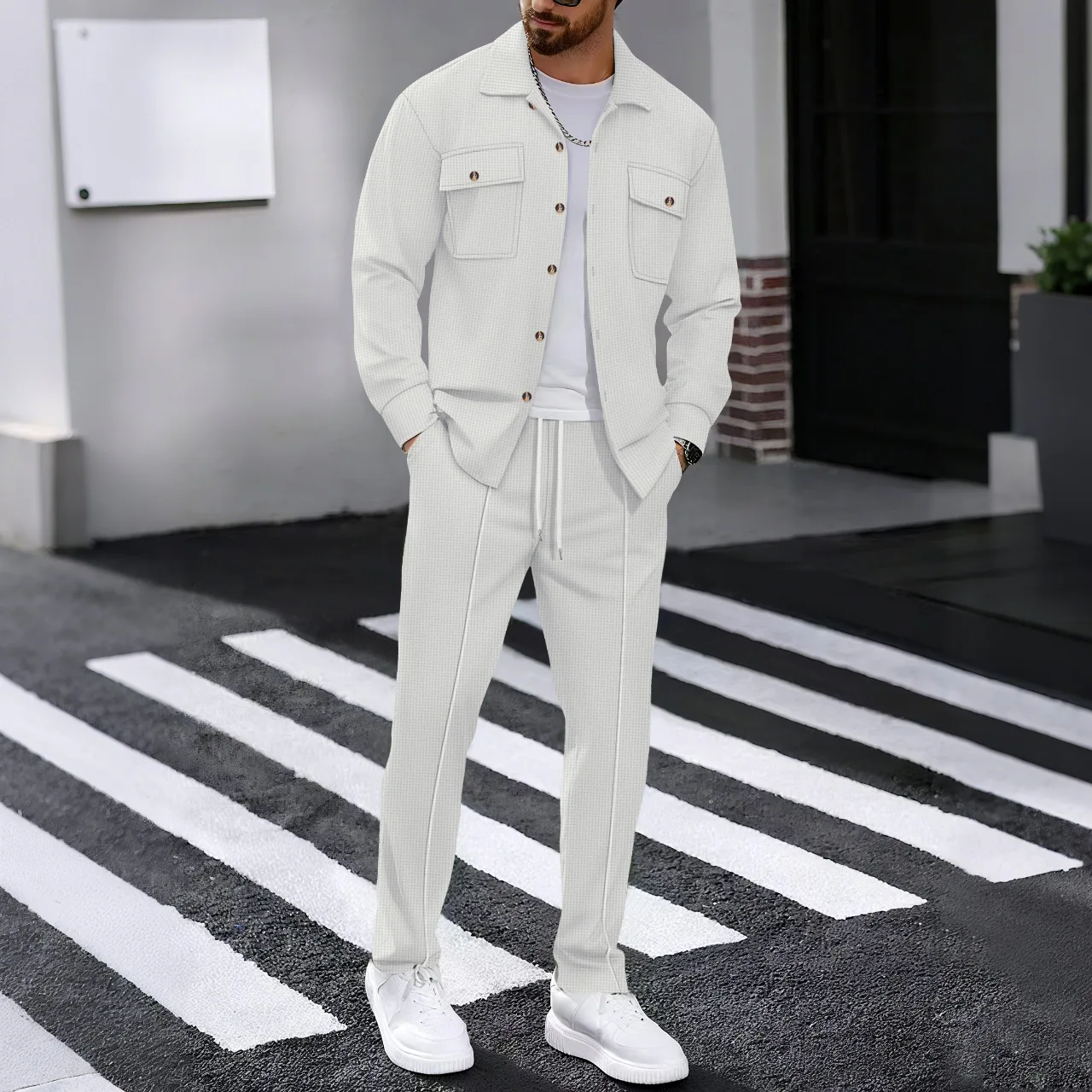 New men's solidcolor waffle longsleeved pants set  high quality fashionable comfortable with doublepocketsworkwearstyle cardigan thumbnail 4