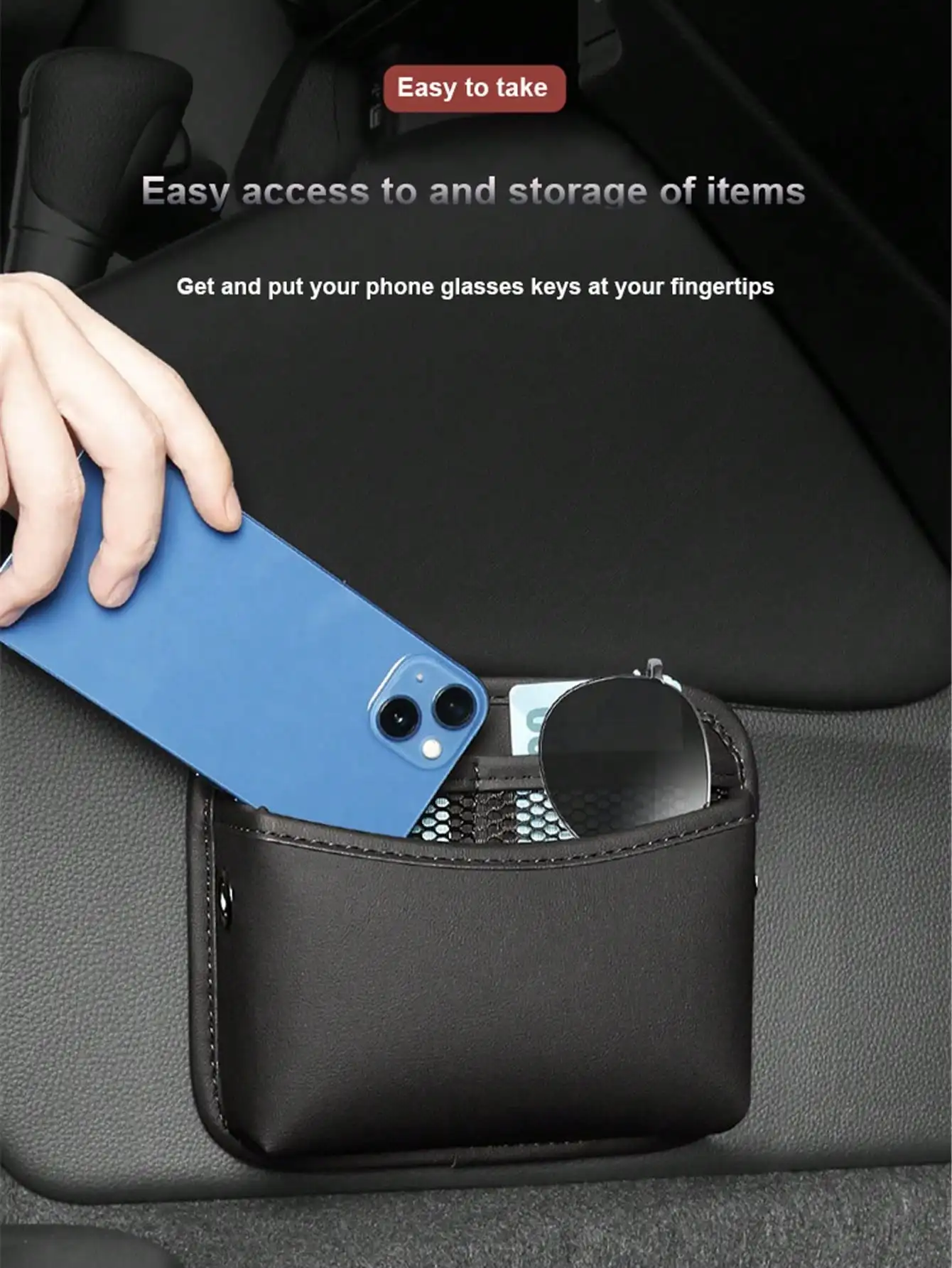 1pc car-mounted storage bag: leather car storage bag with multi-functional adhesive design, car phone bag, in-car phone holder p thumbnail 2