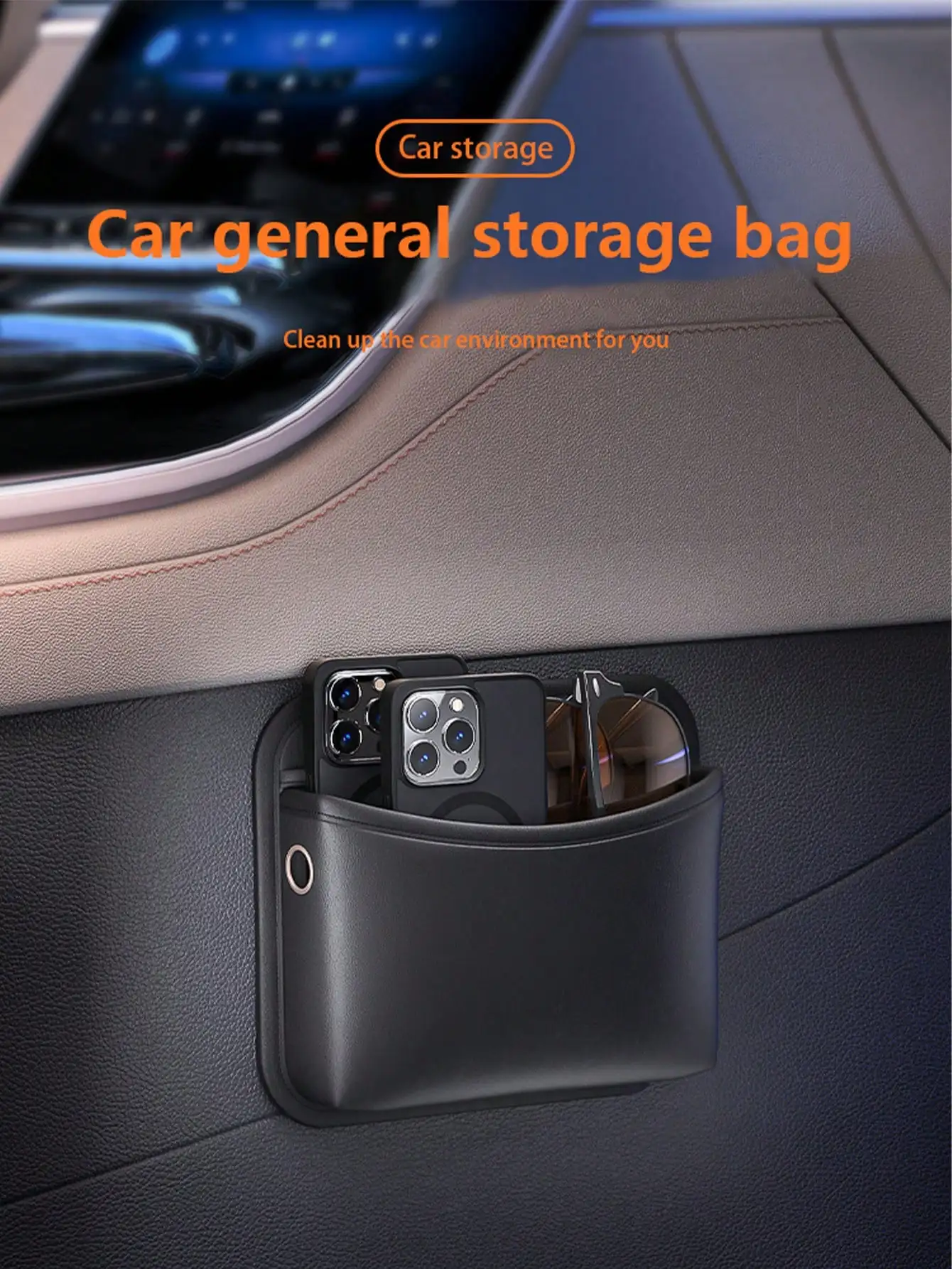 1pc car-mounted storage bag: leather car storage bag with multi-functional adhesive design, car phone bag, in-car phone holder p thumbnail 5