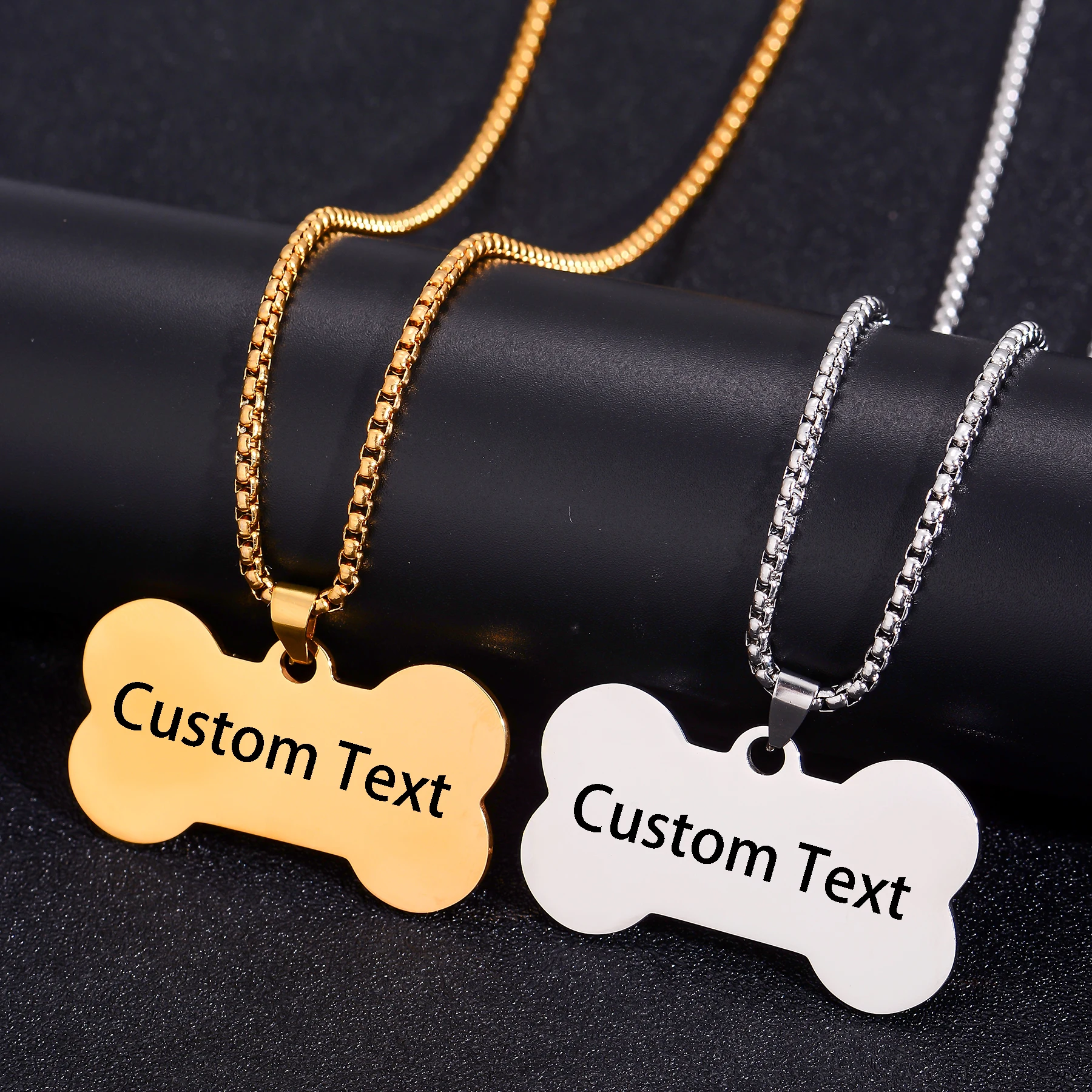 Personalized Name Date Pendant Necklaces Stainless Steel Cute Bone Anti-lost Necklace Dog Tags Jewelry