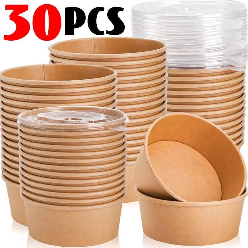 500/750/1000ML Disposable Packing Boxes Kraft Paper Bowls Ake Away Food Container with Lids for Salads Noodles Lunch Bento Boxes
