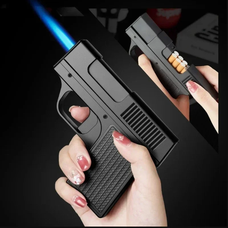 Windproof 10 Pack Cigarette Box Gun Type Inflatable Lighter Outdoor Portable Butane Cigarette Box Smoking Accessories Men's Gift thumbnail 2