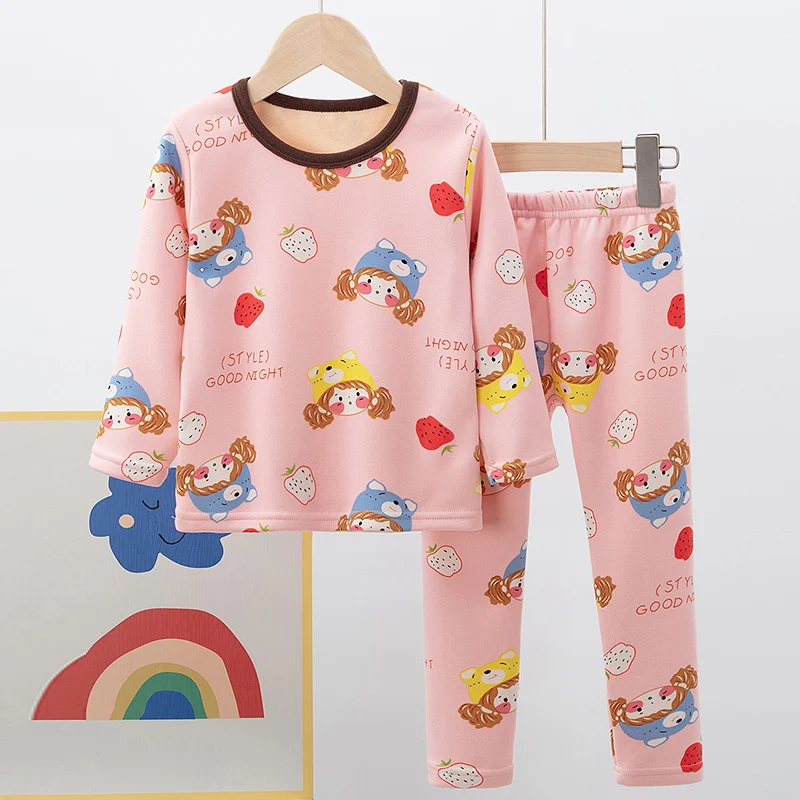 2pcs Children's Autumn And Winter Cartoon Printed Thick Warm Underwear Set For Boys And Girls Comfortable And Plush Home Clothes thumbnail 5