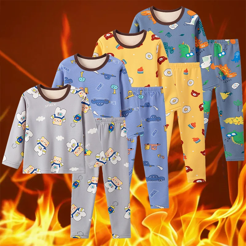 2pcs Children's Autumn And Winter Cartoon Printed Thick Warm Underwear Set For Boys And Girls Comfortable And Plush Home Clothes
