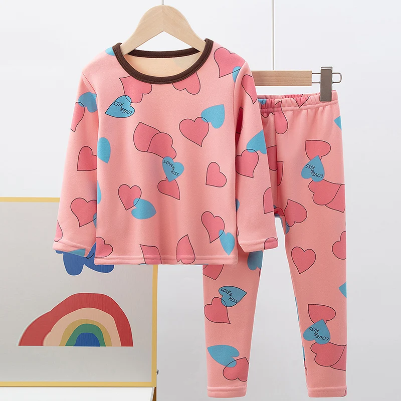 2pcs Children's Autumn And Winter Cartoon Printed Thick Warm Underwear Set For Boys And Girls Comfortable And Plush Home Clothes thumbnail 4