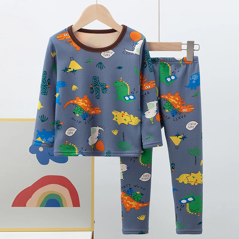 2pcs Children's Autumn And Winter Cartoon Printed Thick Warm Underwear Set For Boys And Girls Comfortable And Plush Home Clothes thumbnail 2