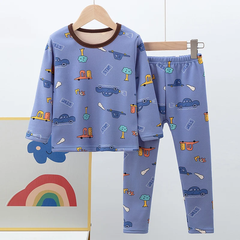 2pcs Children's Autumn And Winter Cartoon Printed Thick Warm Underwear Set For Boys And Girls Comfortable And Plush Home Clothes thumbnail 3