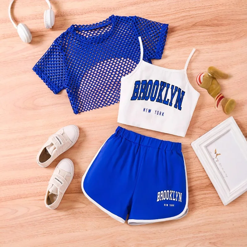 Big Kids Suit Multicolour Girls Fashion Hot Sale Solid Colour Mesh Short Sleeve + Letter Print Camisole Shorts Three Piece Set thumbnail 3