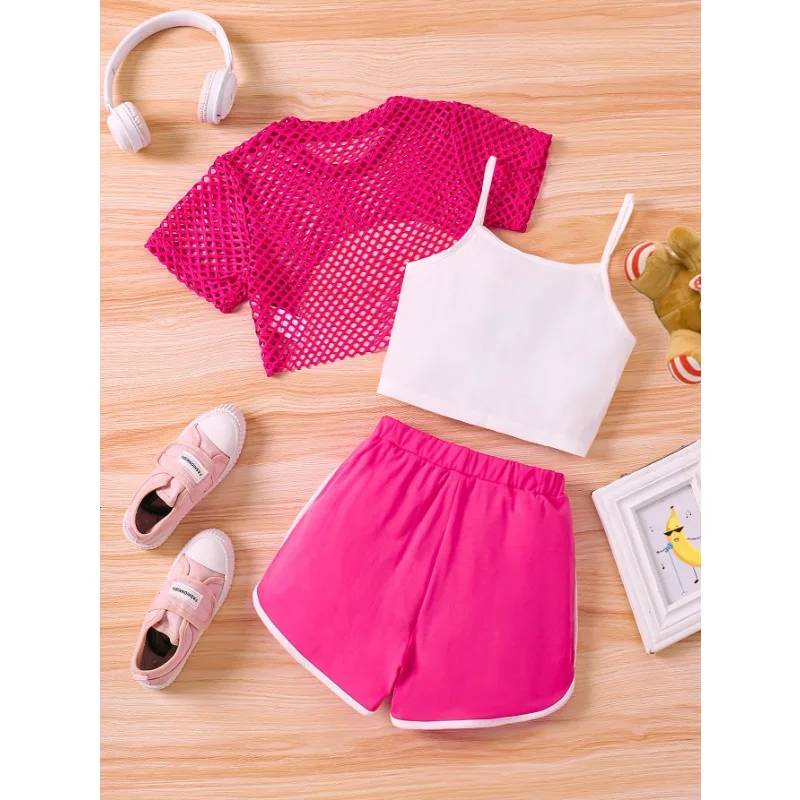 Big Kids Suit Multicolour Girls Fashion Hot Sale Solid Colour Mesh Short Sleeve + Letter Print Camisole Shorts Three Piece Set thumbnail 6