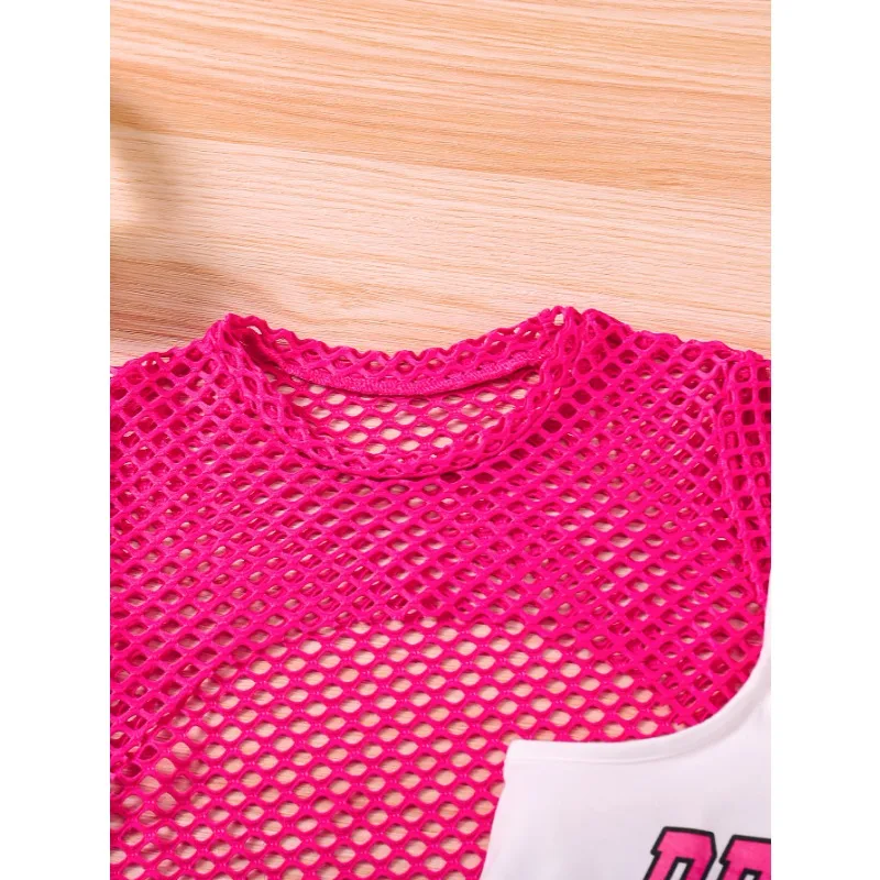 Big Kids Suit Multicolour Girls Fashion Hot Sale Solid Colour Mesh Short Sleeve + Letter Print Camisole Shorts Three Piece Set thumbnail 5